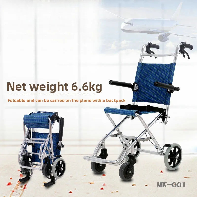 Lightweight Folding Wheelchair Aluminum Alloy Frame Travel Push Chair for Elderly and Children Breathable Fabric Safety Belt