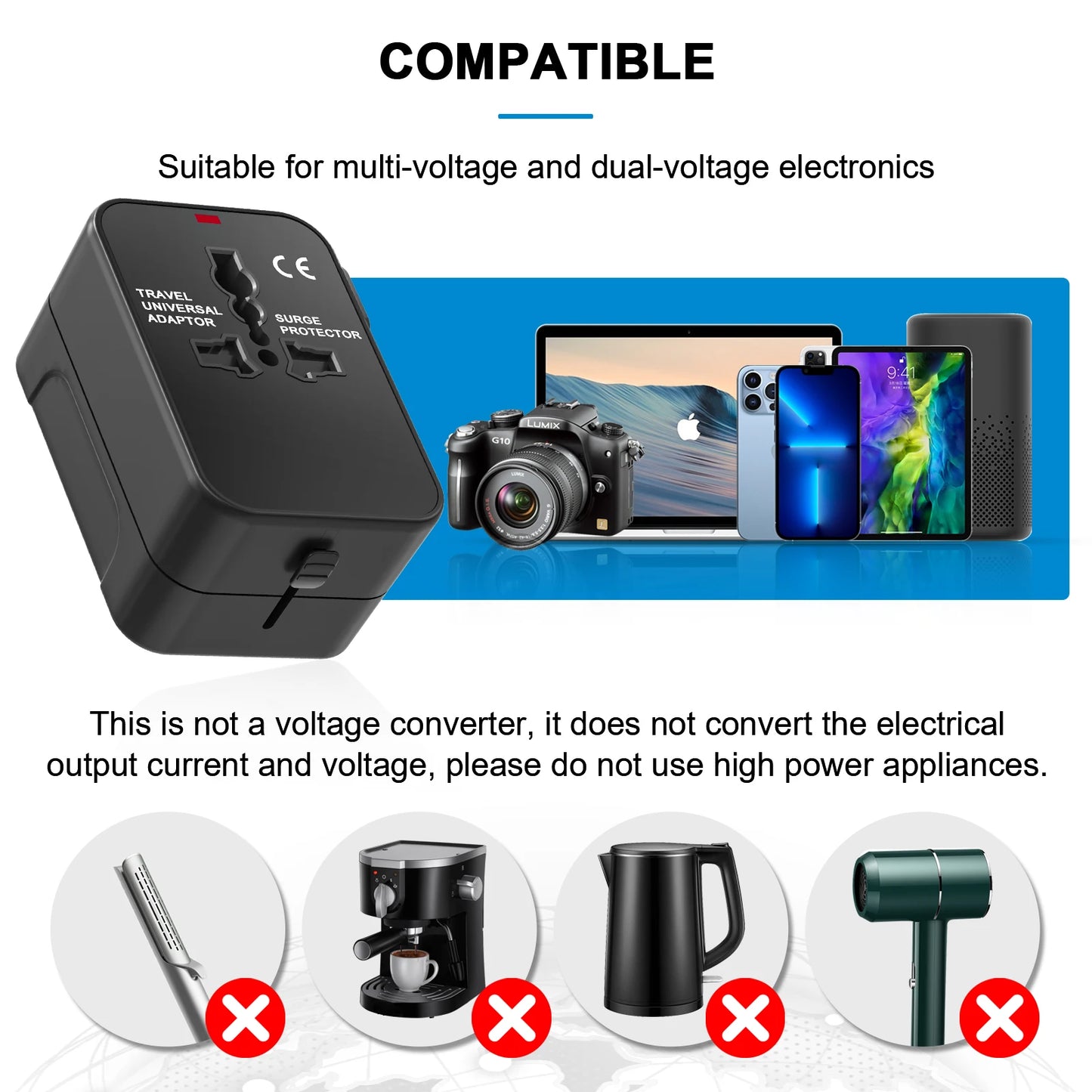 Universal Travel Adapter, International All-in-One Travel Plug Adapter 2.4A. Hajj.
