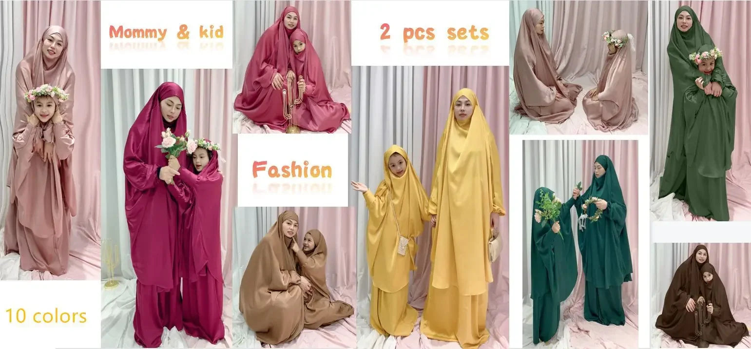 Two Piece Set Prayer Garment Dress for Muslim Mommy &  Girls