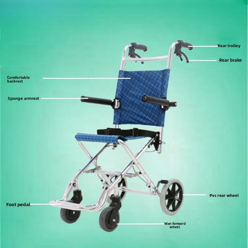 Lightweight Folding Wheelchair Aluminum Alloy Frame Travel Push Chair for Elderly and Children Breathable Fabric Safety Belt